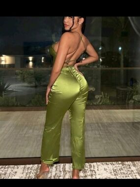 Satin Olive Green Wide-Leg Jumpsuit with Backless Straps